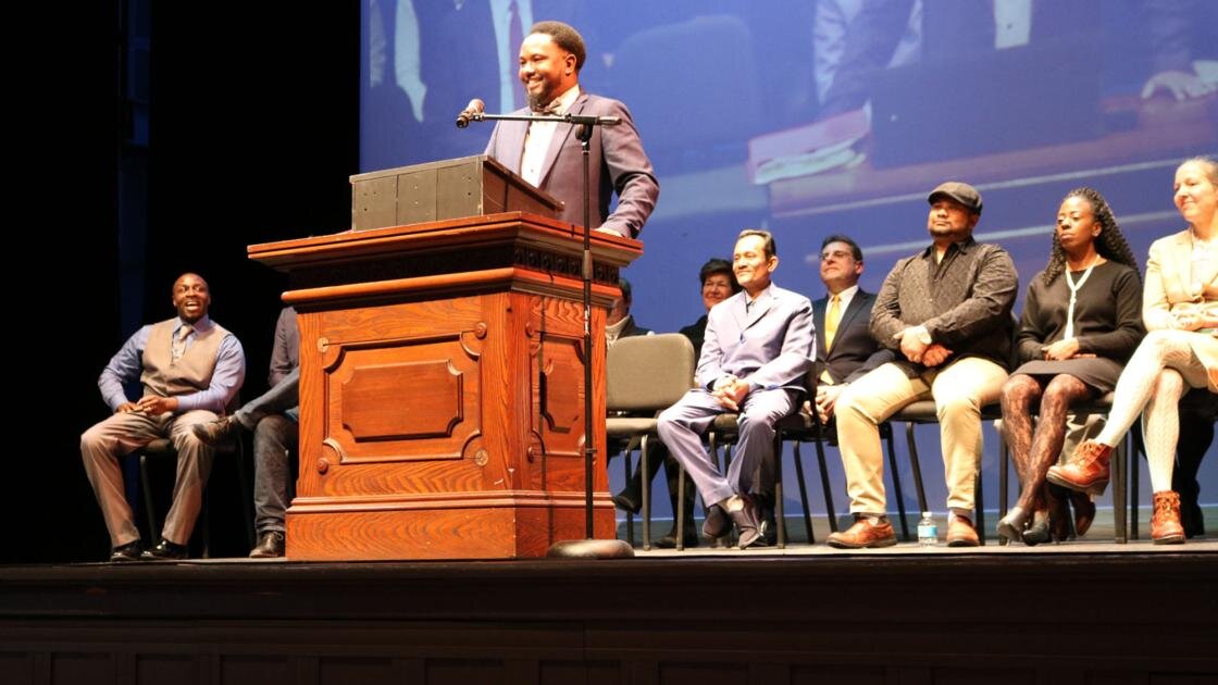 Sarah Trafton/Columbia-Greene Media “Mayor Kamal Johnson addresses his constituents after taking his oath of office at Hudson Hall on New Year’s Day.”